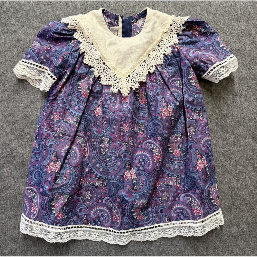 Vintage Jessica McClintock Gunne Sax Girls Paisley Lace Bib Dress Purple Blue
